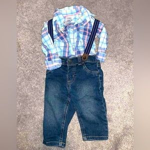Carters size 3 month long sleeve button down dress shirt w/jeans & suspenders